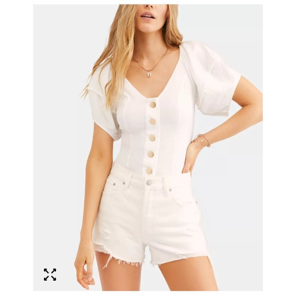NWT Intimately Free People Not Basic Puff Sleeve Bodysuit Canvas White Sz L